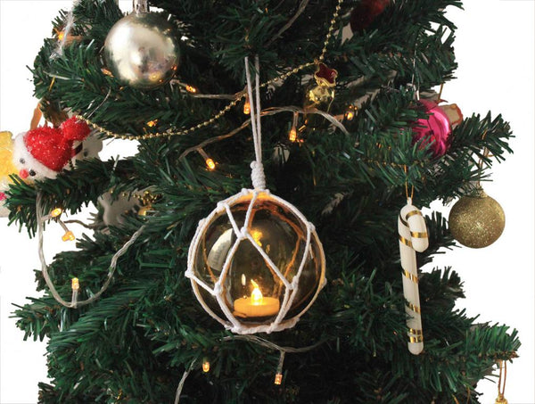 LED Lighted Amber Japanese Glass Ball Fishing Float with White Netting Christmas Tree Ornament 4"