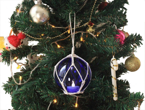 LED Lighted Dark Blue Japanese Glass Ball Fishing Float with White Netting Christmas Tree Ornament 3"