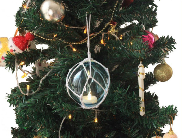 LED Lighted Light Blue Japanese Glass Ball Fishing Float with White Netting Christmas Tree Ornament 4"
