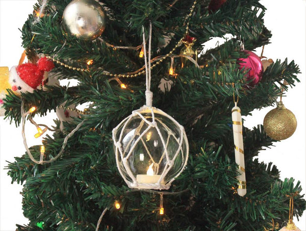 LED Lighted Clear Japanese Glass Ball Fishing Float with White Netting Christmas Tree Ornament 4"