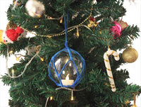 LED Lighted Clear Japanese Glass Ball Fishing Float with Blue Netting Christmas Tree Ornament 3"