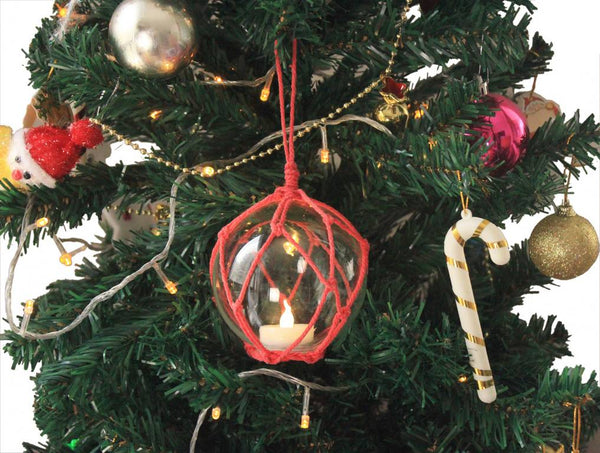 LED Lighted Clear Japanese Glass Ball Fishing Float with Red Netting Christmas Tree Ornament 4"