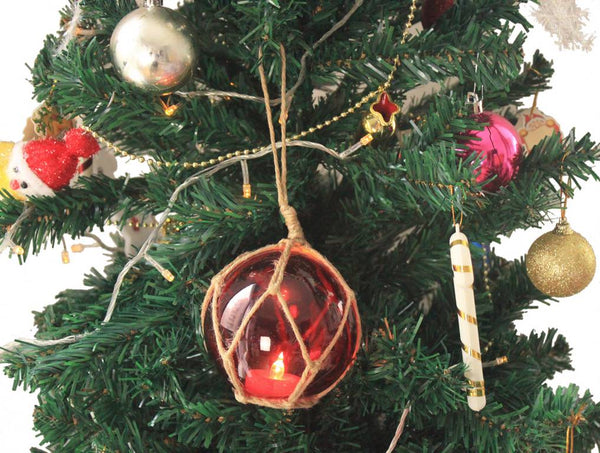 LED Lighted Red Japanese Glass Ball Fishing Float with Brown Netting Christmas Tree Ornament 3"