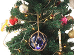 LED Lighted Dark Blue Japanese Glass Ball Fishing Float with Brown Netting Christmas Tree Ornament 4"