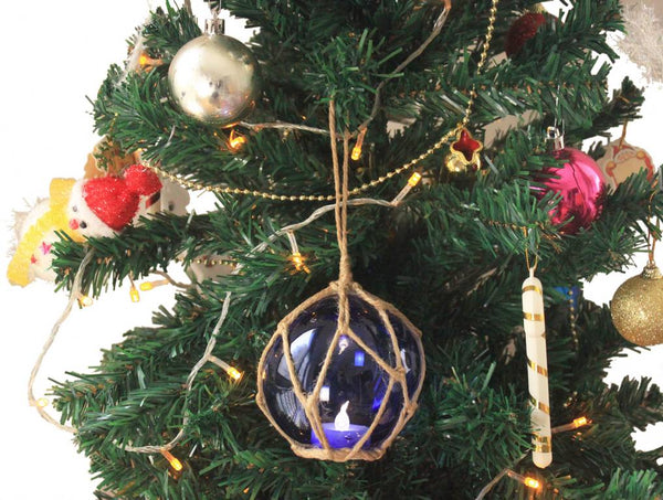 LED Lighted Dark Blue Japanese Glass Ball Fishing Float with Brown Netting Christmas Tree Ornament 4"