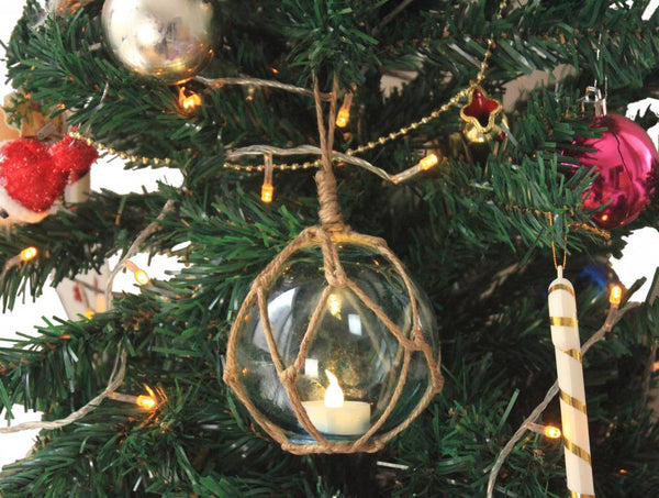 LED Lighted Clear Japanese Glass Ball Fishing Float with Brown Netting Christmas Tree Ornament 3"