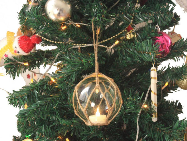 LED Lighted Clear Japanese Glass Ball Fishing Float with Brown Netting Christmas Tree Ornament 4"