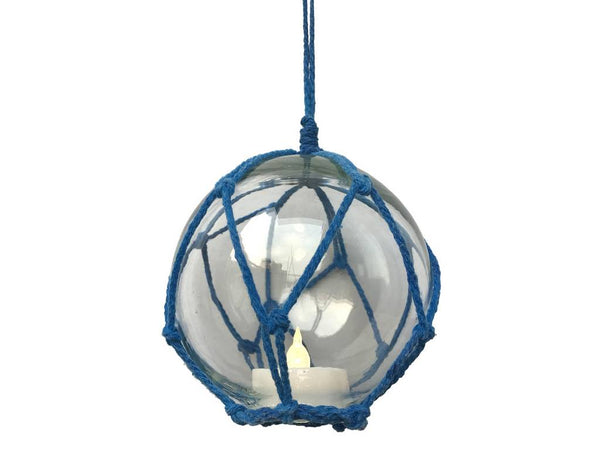 LED Lighted Clear Japanese Glass Ball Fishing Float with Blue Netting Decoration 6"