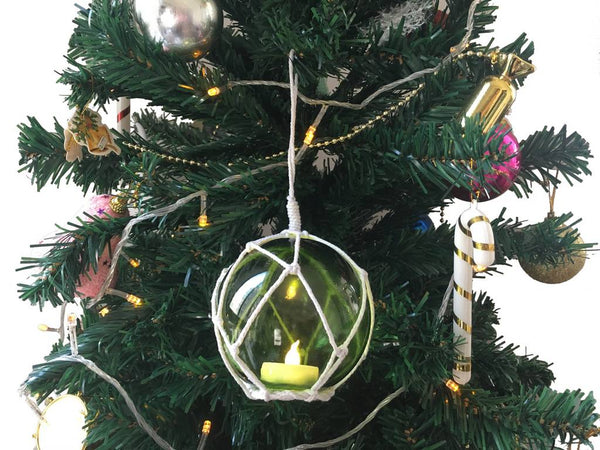 LED Lighted Green Japanese Glass Ball Fishing Float with White Netting Christmas Tree Ornament 4"