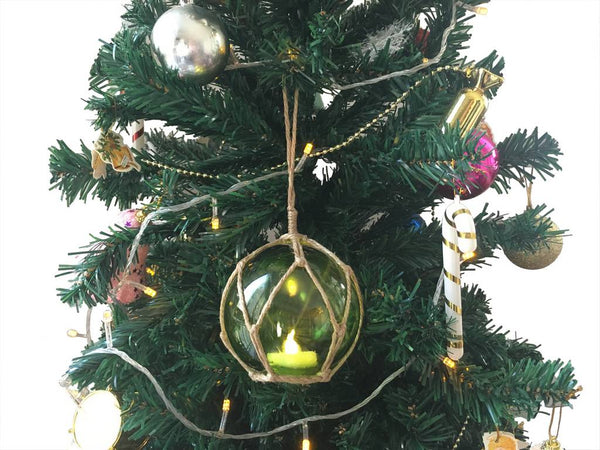 LED Lighted Green Japanese Glass Ball Fishing Float with Brown Netting Christmas Tree Ornament 4"
