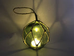 LED Lighted Green Japanese Glass Ball Fishing Float with Brown Netting Decoration 4"