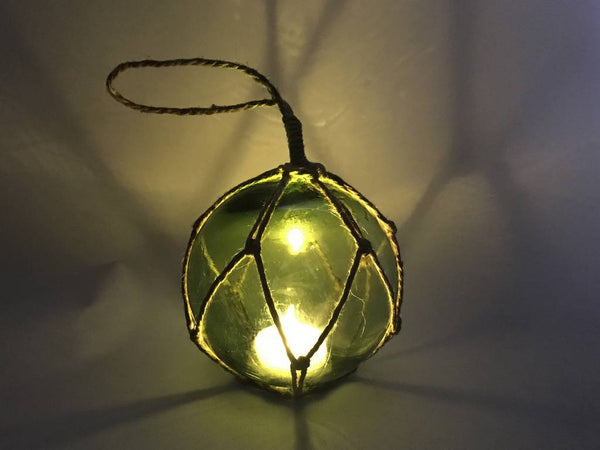 LED Lighted Green Japanese Glass Ball Fishing Float with Brown Netting Decoration 4"