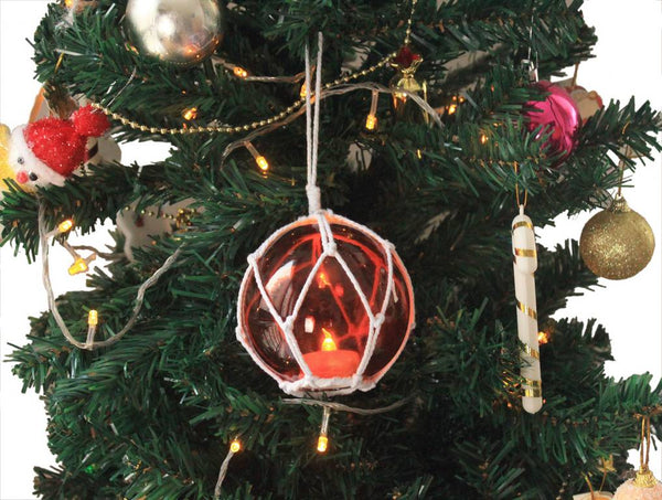 LED Lighted Orange Japanese Glass Ball Fishing Float with White Netting Christmas Tree Ornament 4"