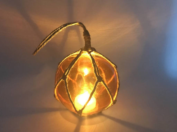 LED Lighted Orange Japanese Glass Ball Fishing Float with Brown Netting Decoration 3"