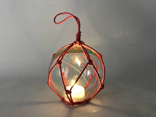 LED Lighted Clear Japanese Glass Ball Fishing Float with Red Netting Decoration 4"