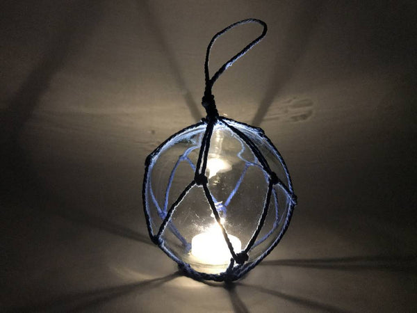 LED Lighted Clear Japanese Glass Ball Fishing Float with Blue Netting Decoration 3"