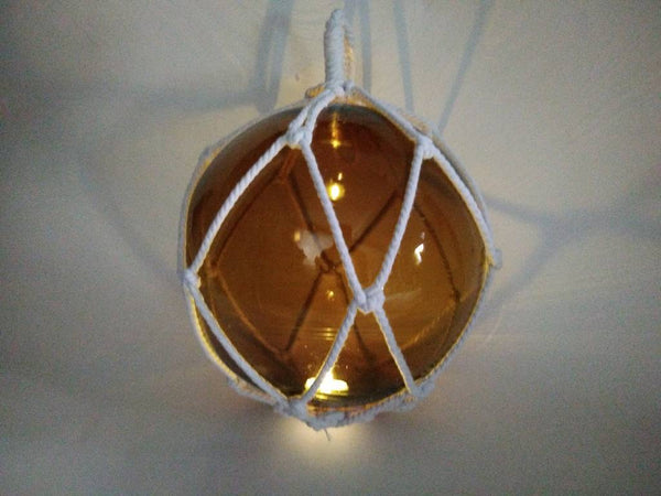LED Lighted Amber Japanese Glass Ball Fishing Float with White Netting Decoration 10"