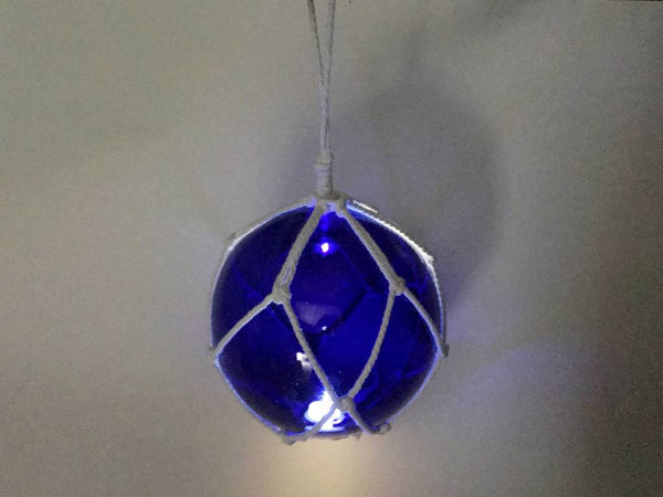 LED Lighted Dark Blue Japanese Glass Ball Fishing Float with White Netting Decoration 10"