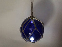 LED Lighted Dark Blue Japanese Glass Ball Fishing Float with Brown Netting Decoration 10"