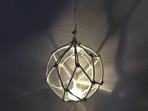 LED Lighted Clear Japanese Glass Ball Fishing Float with White Netting Decoration 10"