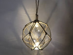LED Lighted Clear Japanese Glass Ball Fishing Float with Brown Netting Decoration 10"