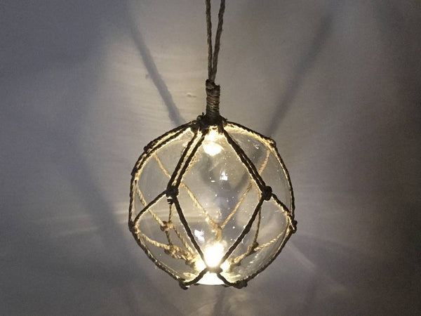 LED Lighted Clear Japanese Glass Ball Fishing Float with Brown Netting Decoration 10"