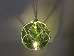 LED Lighted Green Japanese Glass Ball Fishing Float with White Netting Decoration 10"