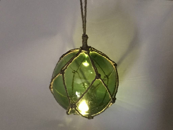LED Lighted Green Japanese Glass Ball Fishing Float with Brown Netting Decoration 10"