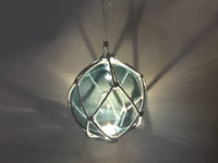 LED Lighted Light Blue Japanese Glass Ball Fishing Float with White Netting Decoration 10"