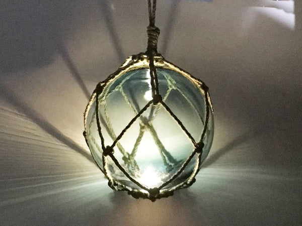LED Lighted Light Blue Japanese Glass Ball Fishing Float with Brown Netting Decoration 10"