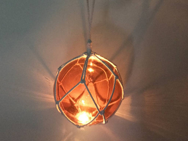 LED Lighted Orange Japanese Glass Ball Fishing Float with White Netting Decoration 10"