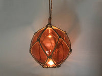 LED Lighted Orange Japanese Glass Ball Fishing Float with Brown Netting Decoration 10"