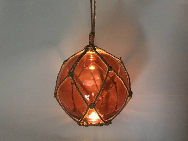 LED Lighted Orange Japanese Glass Ball Fishing Float with Brown Netting Decoration 10"