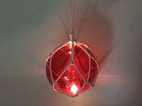 LED Lighted Red Japanese Glass Ball Fishing Float with White Netting Decoration 10"