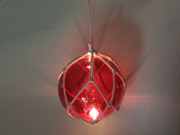 LED Lighted Red Japanese Glass Ball Fishing Float with White Netting Decoration 10"