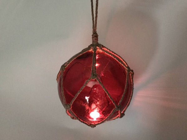 LED Lighted Red Japanese Glass Ball Fishing Float with Brown Netting Decoration 10"