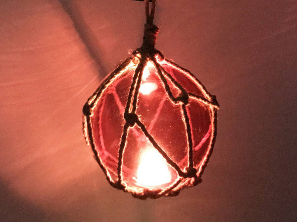 LED Lighted Red Japanese Glass Ball Fishing Float with Brown Netting Decoration 6"