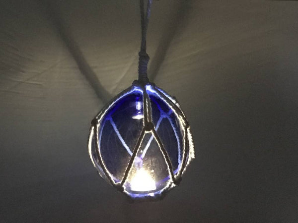 LED Lighted Dark Blue Japanese Glass Ball Fishing Float with White Netting Decoration 3"