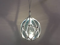 LED Lighted Light Blue Japanese Glass Ball Fishing Float with White Netting Decoration 6"