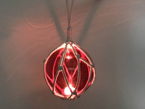 LED Lighted Red Japanese Glass Ball Fishing Float with White Netting Decoration 4"