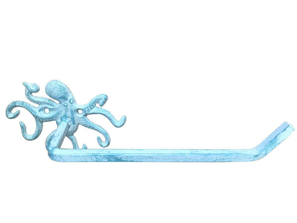 Light Blue Whitewashed Cast Iron Octopus Toilet Paper Holder 11"