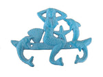 Rustic Light Blue Whitewashed Cast Iron Wall Mounted Mermaid with Dolphin Hooks 9"