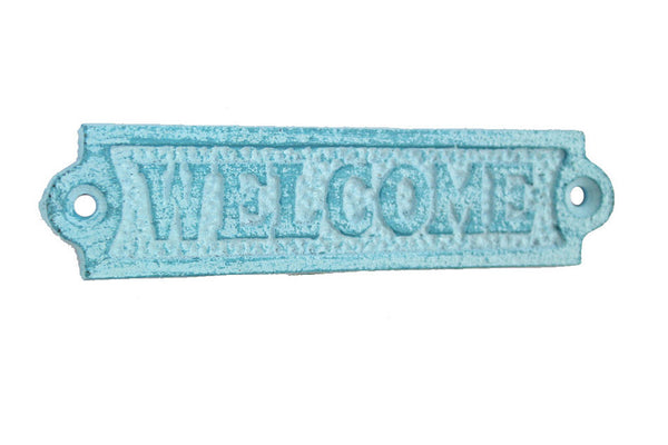 Rustic Light Blue Whitewashed Cast Iron Welcome Sign 6"
