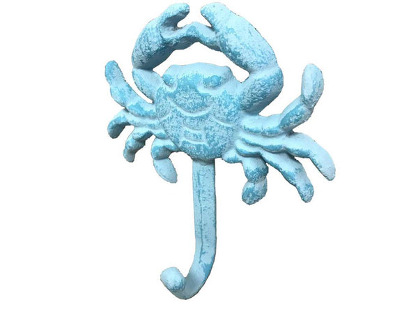 Rustic Light Blue Whitewashed Cast Iron Wall Mounted Crab Hook 5"