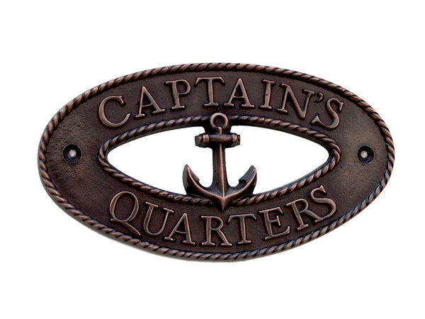 Antique Copper Captains Quarters Oval Sign with Anchor 8"