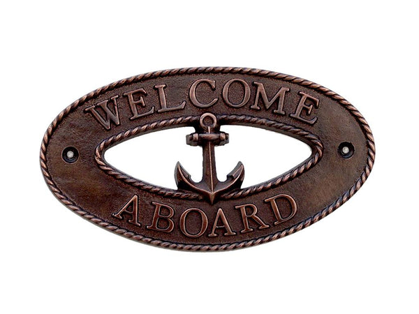 Antique Copper Welcome Aboard Oval Sign with Anchor 8"