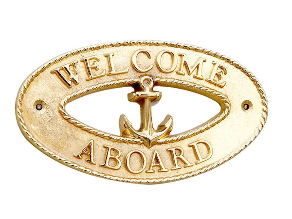 Brass Welcome Aboard Oval Sign with Anchor 8"
