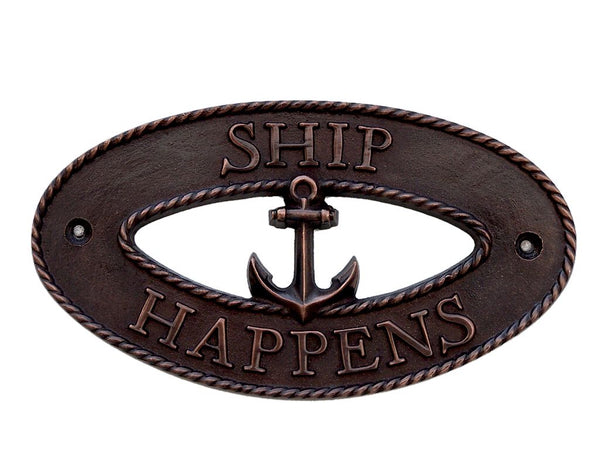 Antique Copper Ship Happens Oval Sign with Anchor 8"