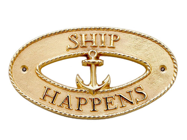 Brass Ship Happens Oval Sign with Anchor 8"