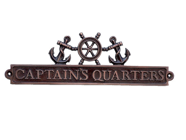Antique Copper Captains Quarters Sign with Ship Wheel and Anchors 12"